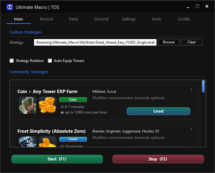 The Ultimate Macro window: a strategy file field with Browse and Clear buttons, a
								list of community strategies with their map, difficulty and income, and Start and
								Stop buttons.